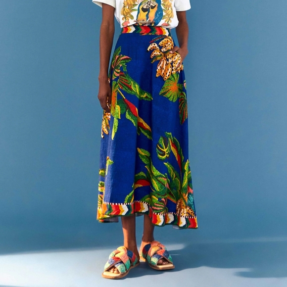 FARM Rio Dresses & Skirts - FARM Rio Blue Tropical-Print Midi Skirt